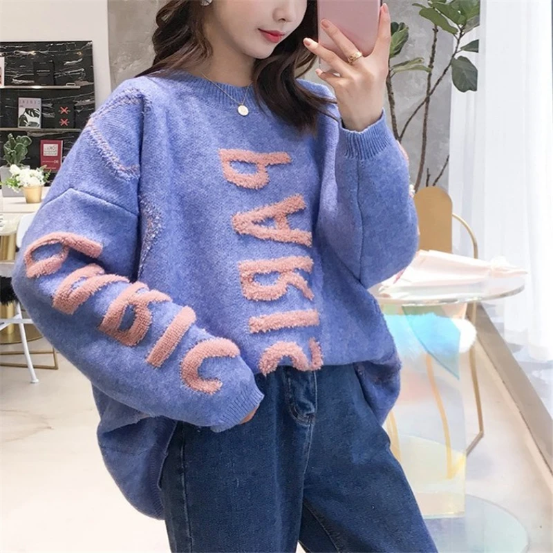 Fashion Women Pullover 2020 Autumn/Winter New Letter Words Sleeves Sweater Loose Knit Thick O-neck Basic/Outwear Khaki Blue | Женская