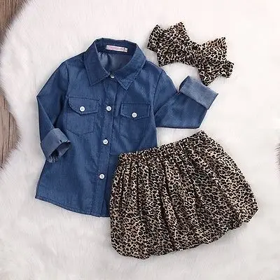 3PCS Set ! 2017 Spring Autumn Cute Baby Girls Clothes Toddler Kids Denim Tops+Leopard Culotte Skirt Children Girl Clothing | Детская