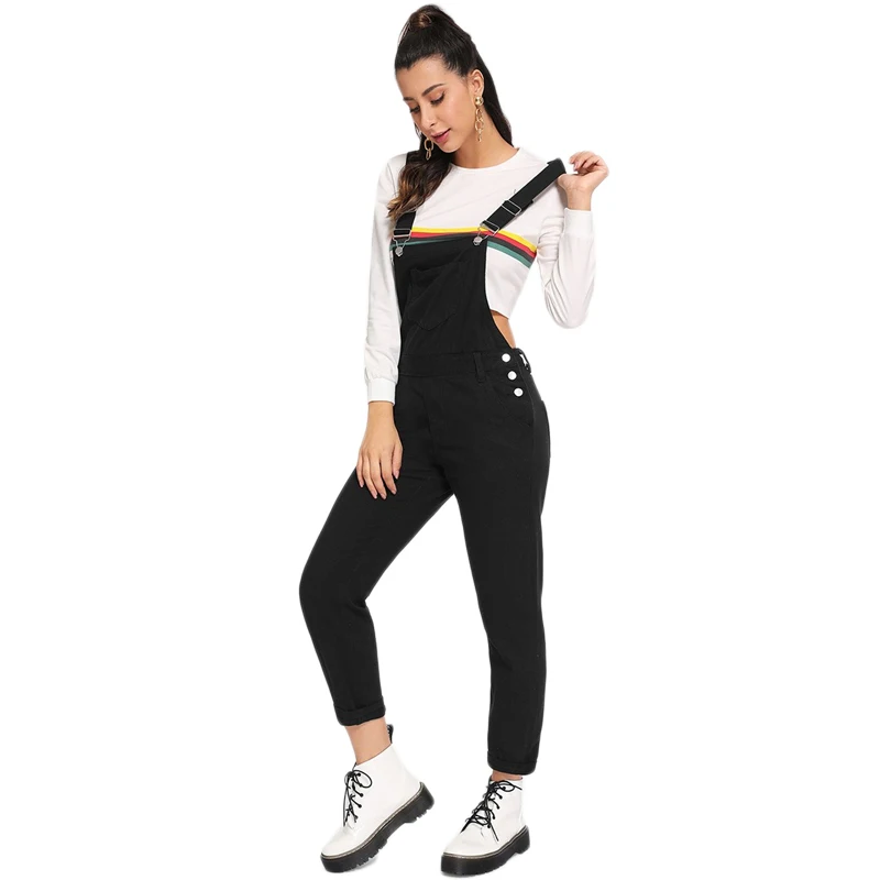 Dotfashion, черный джинсовый комбинезон с карманами для женщин, осень, повседневные уличные Комбинезоны для женщин, цельный обтягивающий комбинезон