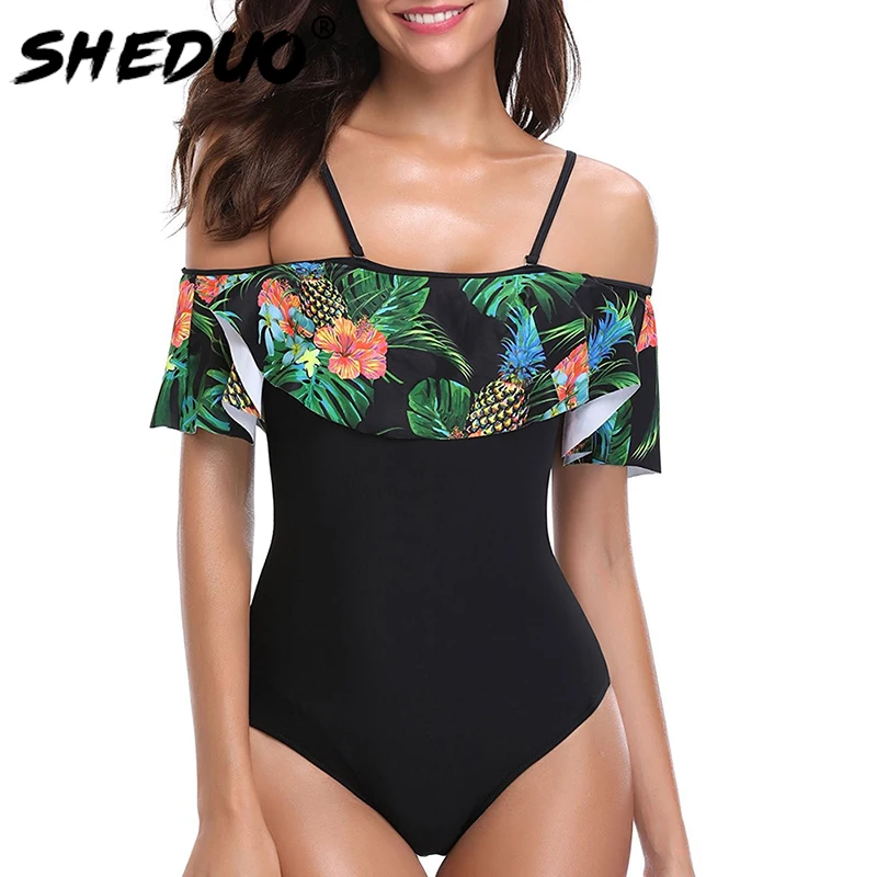 2019 Sexy Swimwear Off The Shoulder Solid Women One Piece Swimsuit Female Bathing Suit Ruffle Monokini Swim Wear Plus Size 5xl | Спорт и
