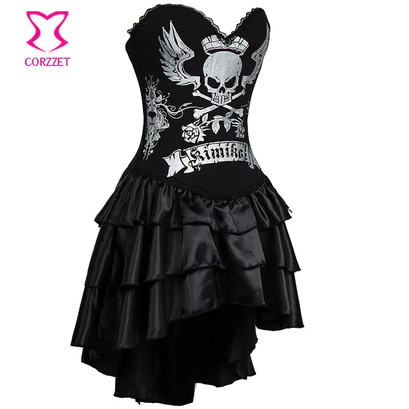 Готический Панк Серебряный Череп узор стимпанк корсет платье без бретелек Overbust