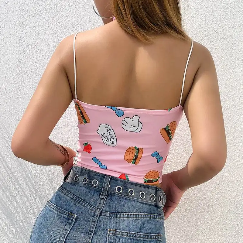 Kawail печати розовый короткий топ бюстгальтер без косточек Harajuku Для женщин рукавов