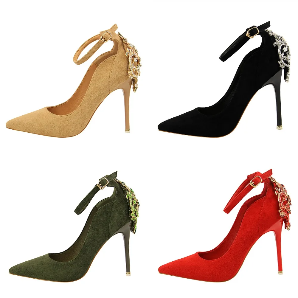 

Luxury Brand Crystal High Heels Women Pumps Rhinestone Ankle Strap Shoes Women Pointy Toe Suede High Heels Party Shoes Woman