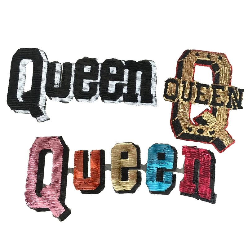 

Colorful Sew Iron on Queen Sequins Patch Stickers for Clothing Q QUEEN Sequined Embroidery Applique Patches for Clothes