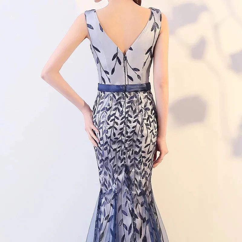 

D045 leaves pattern embroidery floor length v-neck sleeveless waistband mermaid dress