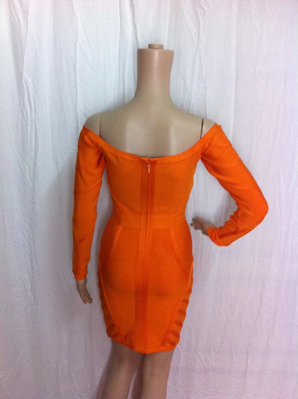 J177 'SKYE' ORANGE off shoulder ladies long sleeve bandage celebrity Dresses | Женская одежда