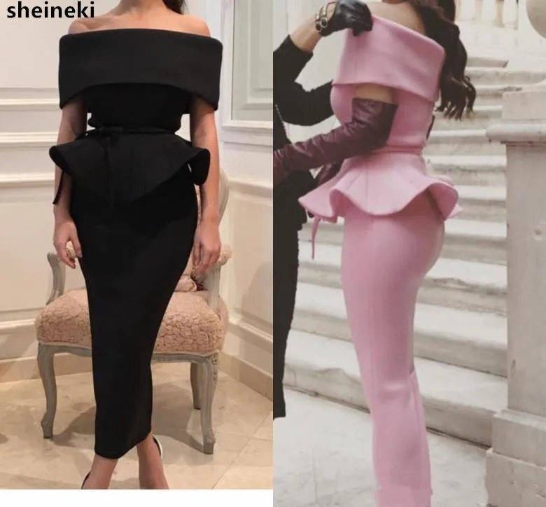 

2019 Sexy Satin Off the Shoulder Prom Dresses Short Sleeve Black Sheath Party Gowns Cheap Evening Dresses Tea Length Dresses