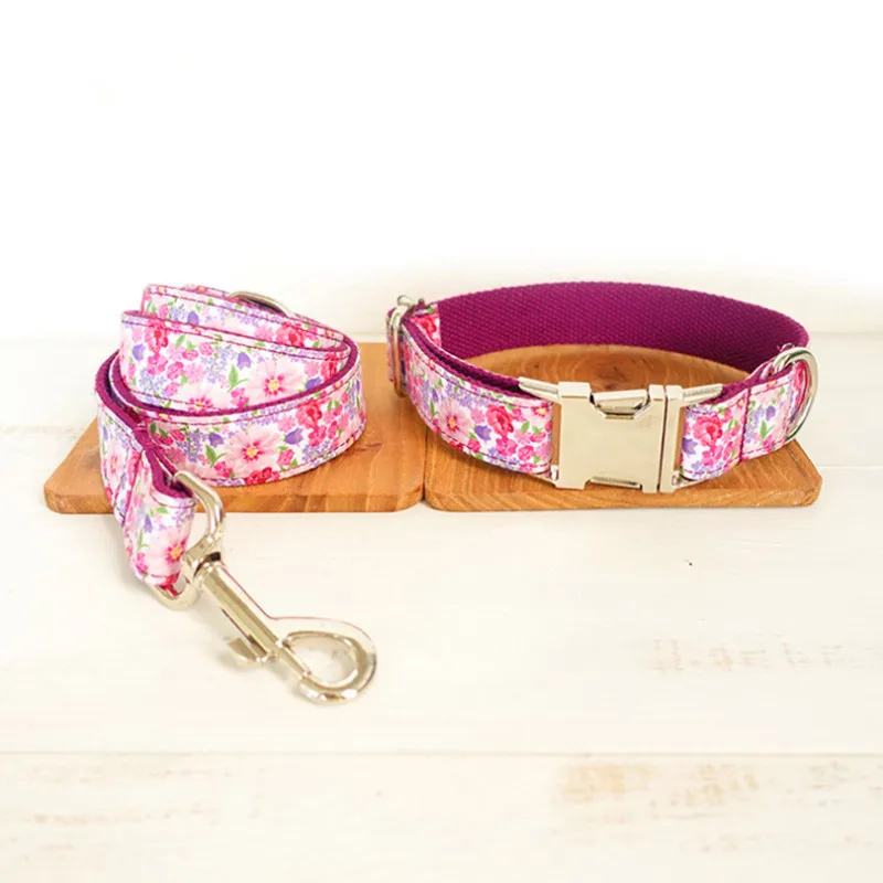 collar leash Славный ошейник для собак KEK с цветами на заказ, фиолетовые Цветочные ошейники для домашних животных с поводком для прогулок, милые женские ошейники для больших собак - Цвет: collar leash