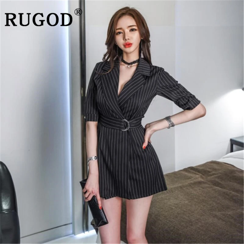RUGOD офисный женский полосатый тонкий комбинезон элегантный отложной воротник короткий рукав комбинезон комбинезоны со шнуровкой корейское боди