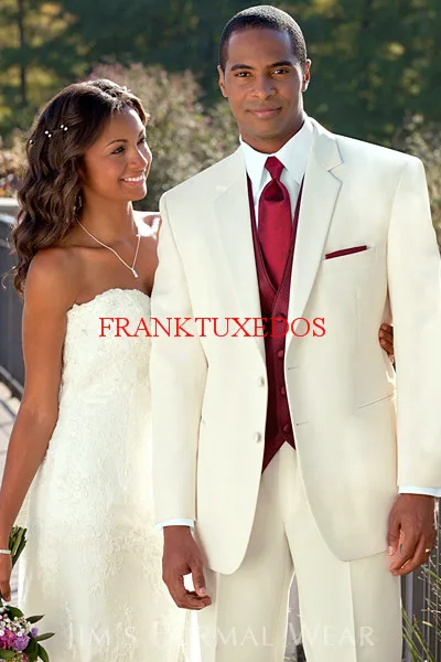 Customize Made Two button Lvory Notch lapel Groom Tuxedos Best Man Groomsmen Prom Suits Men Wedding Suits(Jacket+Pants+Vest+Tie)