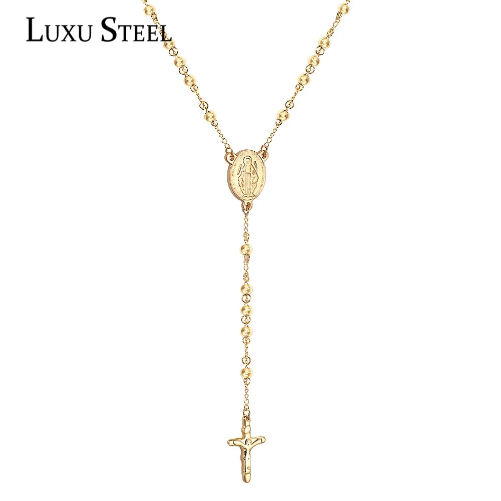 

LUXUSTEEL Rosary Beads Cross Pendant Necklace Women Men Stainless Steel Prayer Jesus Long Link Chain Religion Christian Jewelry