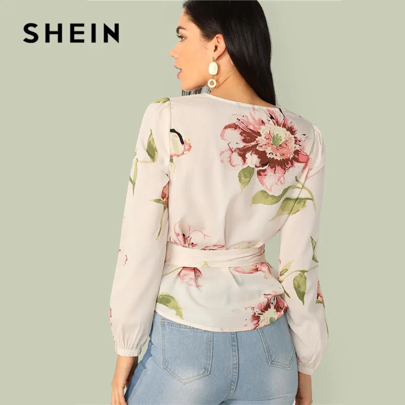 SHEIN блуза с цветочным принтом и поясом, женская одежда, весна-лето, элегантная блуза с круглым вырезом и длинным рукавом, женские топы