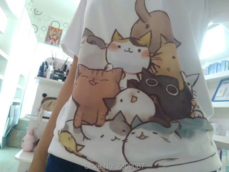 Футболки женские топ Лето кошка топы рубашка женская Neko Тройники Harajuku Футболка Японский Каваи Atsume Neko Аниме Мультфильм Cos Футболки Лолита Милый Кот Двор Случайные Топы Тройник Женская Одежда WXC