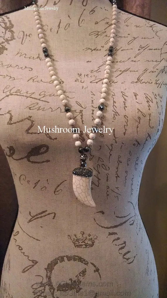 Long Hematite Knotted Howlite Horn Vintage Charm Pendant Necklace Women Boho Stone Bead