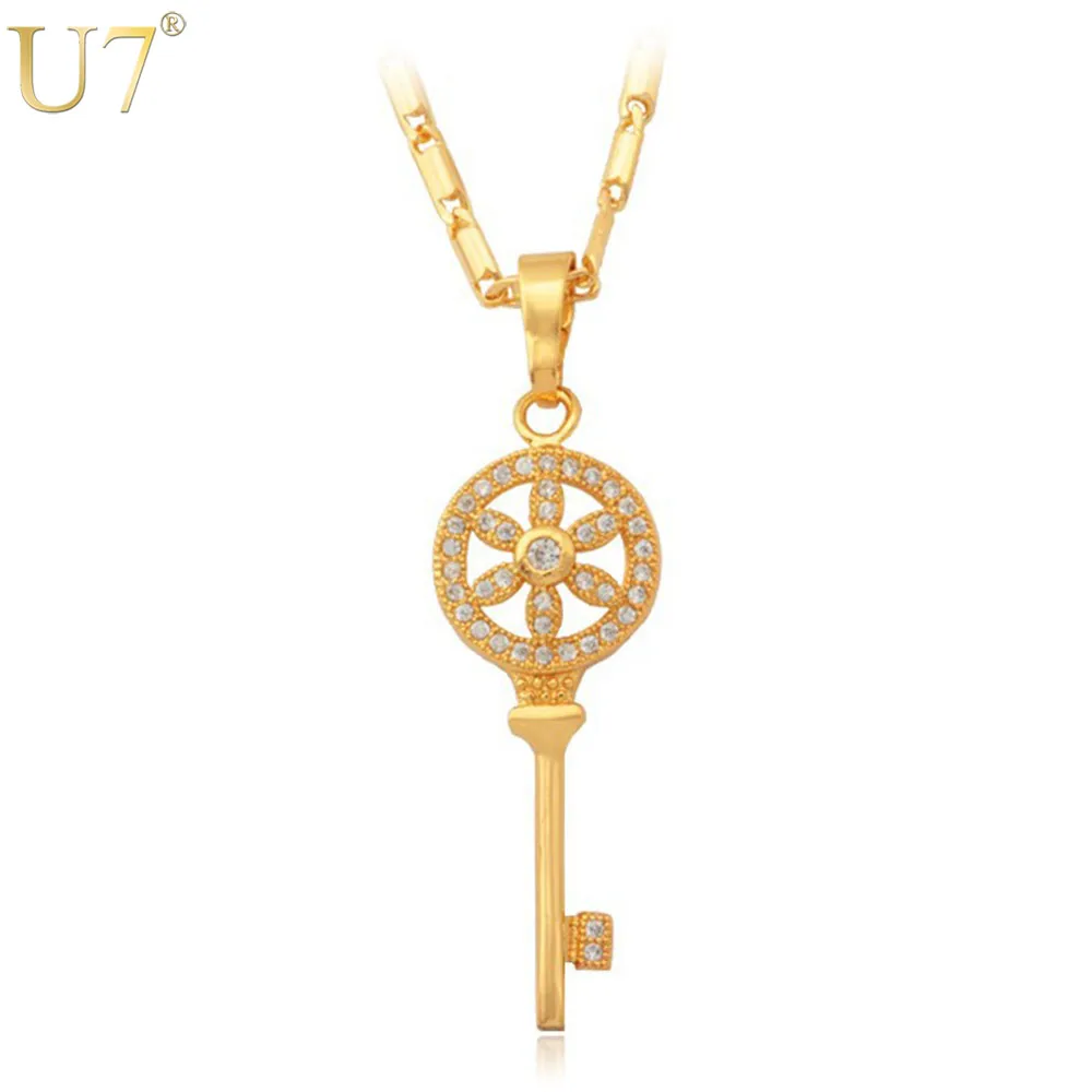 U7 роскошные циркон брелок позолоченные ювелирные изделия 2 цветов ключ ожерелье для женщин P395