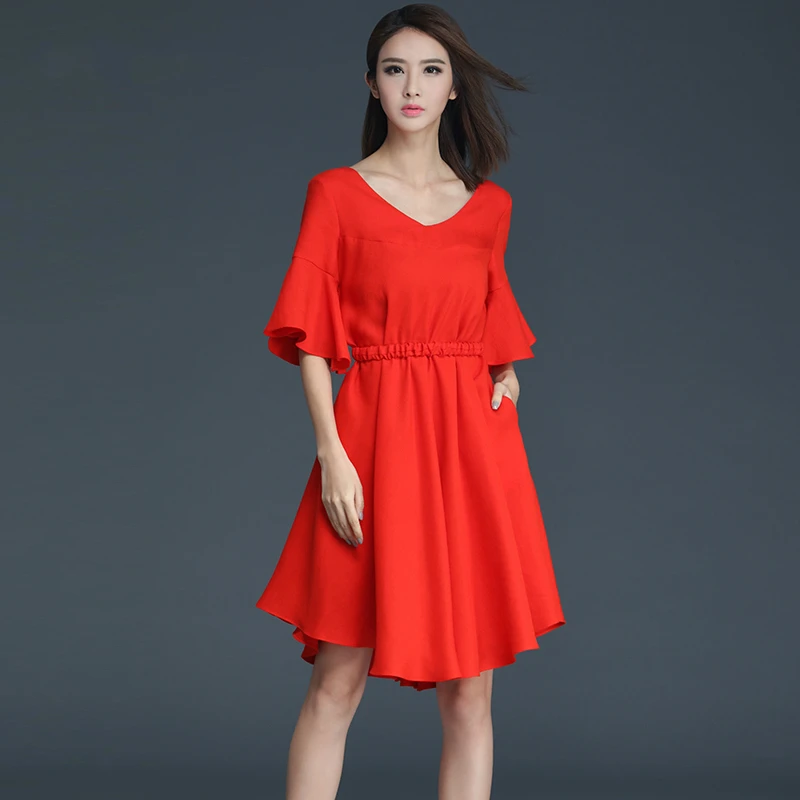 

Womens New Summer Autumn V-Neck elastic waist Half Flare sleeves Dress Ladies solid color Brief A-Line Knee-Length Dresses