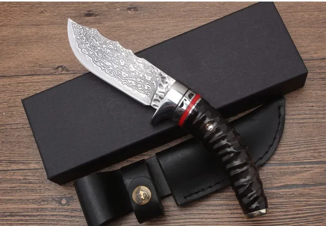 High Quality Damascus Steel Horns Handle Fixed Knives Multi Outdoor Knife Hunting Straight EDC Tools Leather Sheath | Инструменты