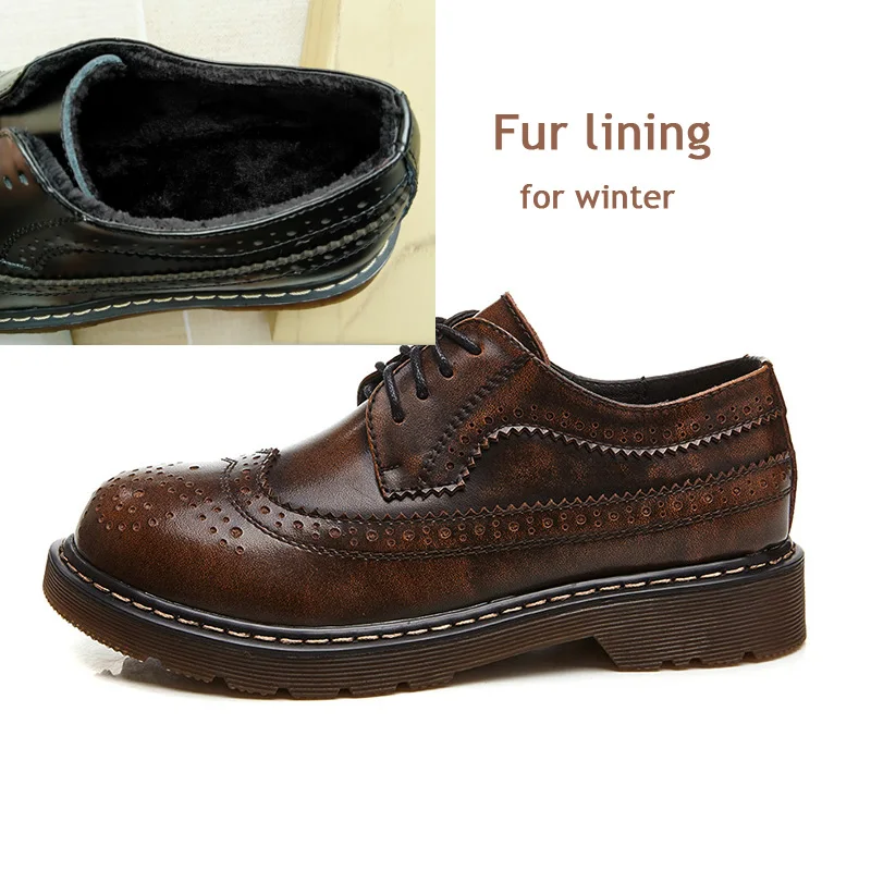 Brown Fur Oxfords HZXINLIVE/Винтажные женские туфли-оксфорды из натуральной кожи в британском стиле; обувь с перфорацией типа «броги» на шнуровке; Прошитые оксфорды; зимняя обувь на плоской подошве с мехом - Цвет: Brown Fur Oxfords