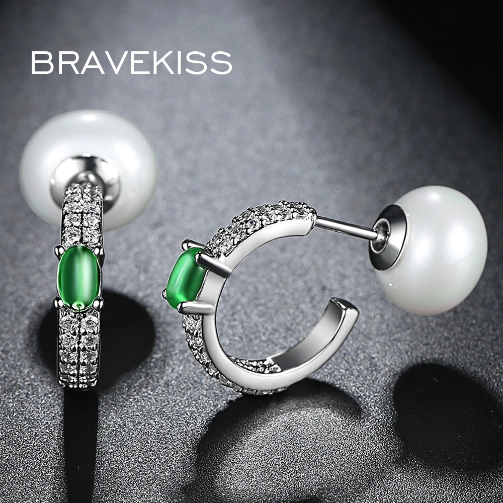 Женские серьги кольца BRAVEKISS с зелеными стразами кубическим цирконием подвески