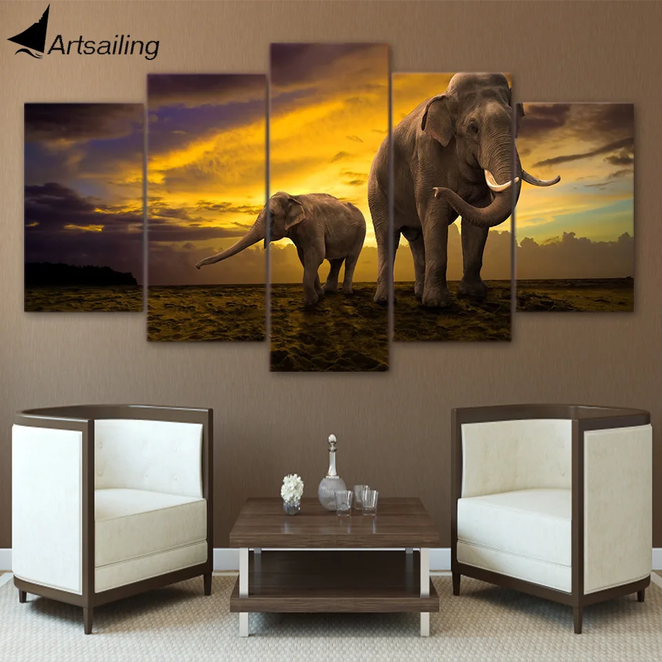 5 шт. картины на холсте с изображением слона и заката|decorative panel|elephant picture5 piece canvas art |