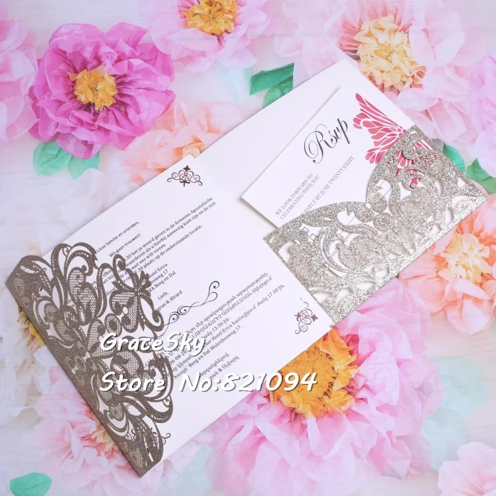 free shipping 50pcs/lot Laser die Cut Crown pocket Glitter paper 2018 wedding invitation cards with Receipt cards & RSVP card