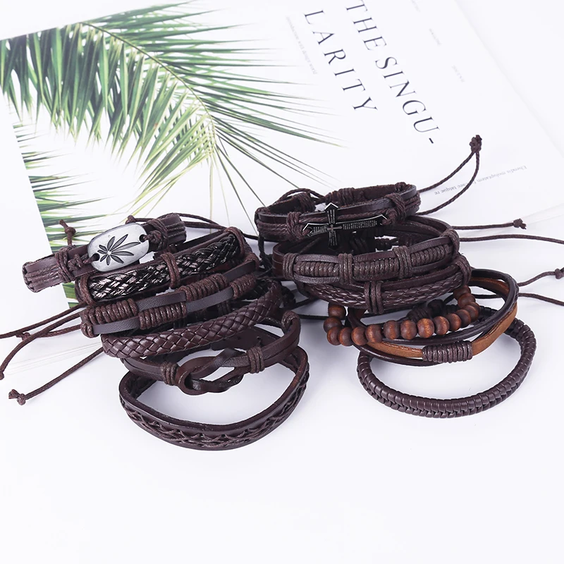 6pcs/set punk hippie dark brown Leather cord braiding knots maple tree leaf tag cross charm Layer wrap Bracelets Bangles for man | Украшения