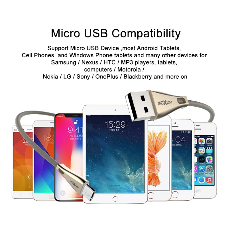 Кабель для быстрой зарядки MOXOM 1 м Micro Usb Samsung Xiaomi Huawei Lg HTC Oppo Vivo Android смартфонов