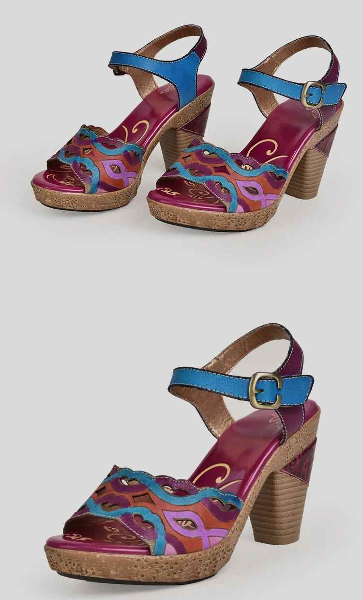 Plus Size Women Sandals 8 CM Super High Heels Chunky Summer Shoes Embroidery Ladies Retro Sandals Genuine Leather Retro Shoes