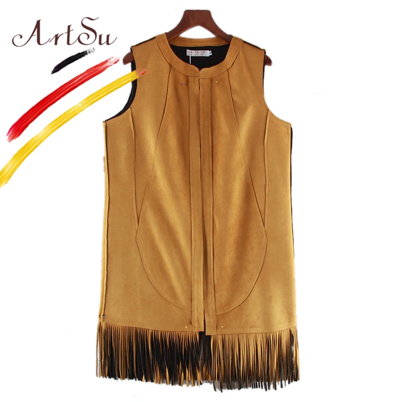 

ArtSu Elegant Women Long Vest Herringbone Vest Jacket 2017 Tassel Suede Wasitcoat Open Stitch Autumn Colete Plus Size ASCO20116