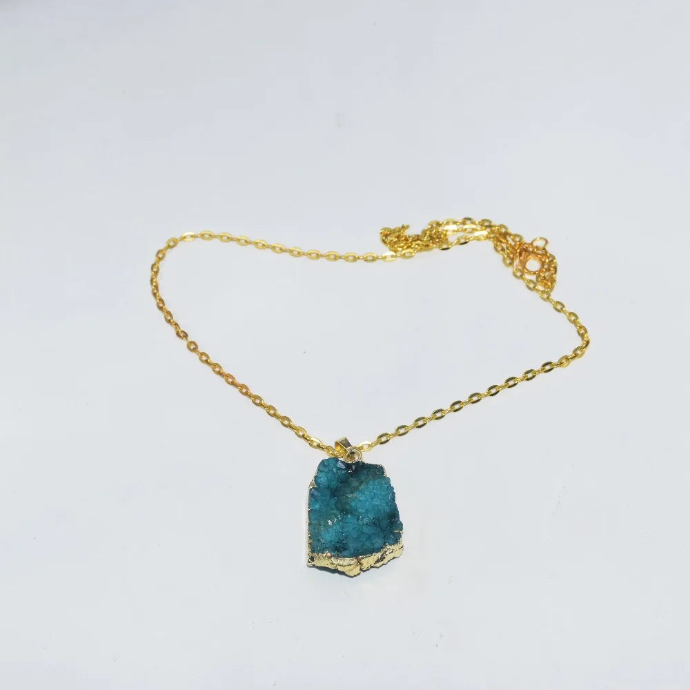 Geode Druzy Crystal Quartz Pendant Necklace Blue Irregular Energy Custom Adjustable stone gold chain women long necklace 2019 | Украшения и