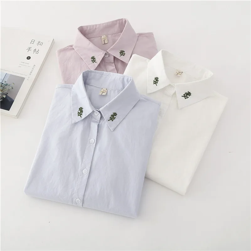 

2017 Autumn And Winter Fashion Women Casual Long Sleeve Shirt Cartoon Embroidered Cotton Tops Spring Ladies White Blue Shirt