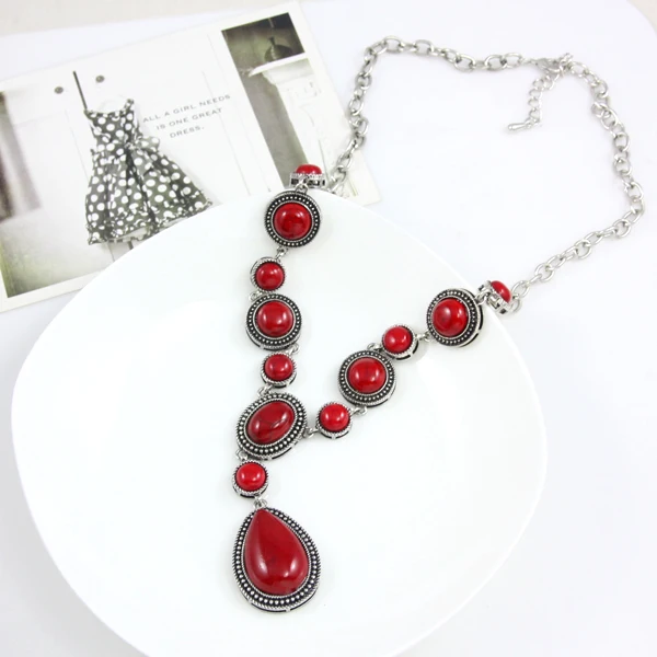 Ожерелье в стиле ретро с красным камнем Y серебряная подвеска на длинной цепочке