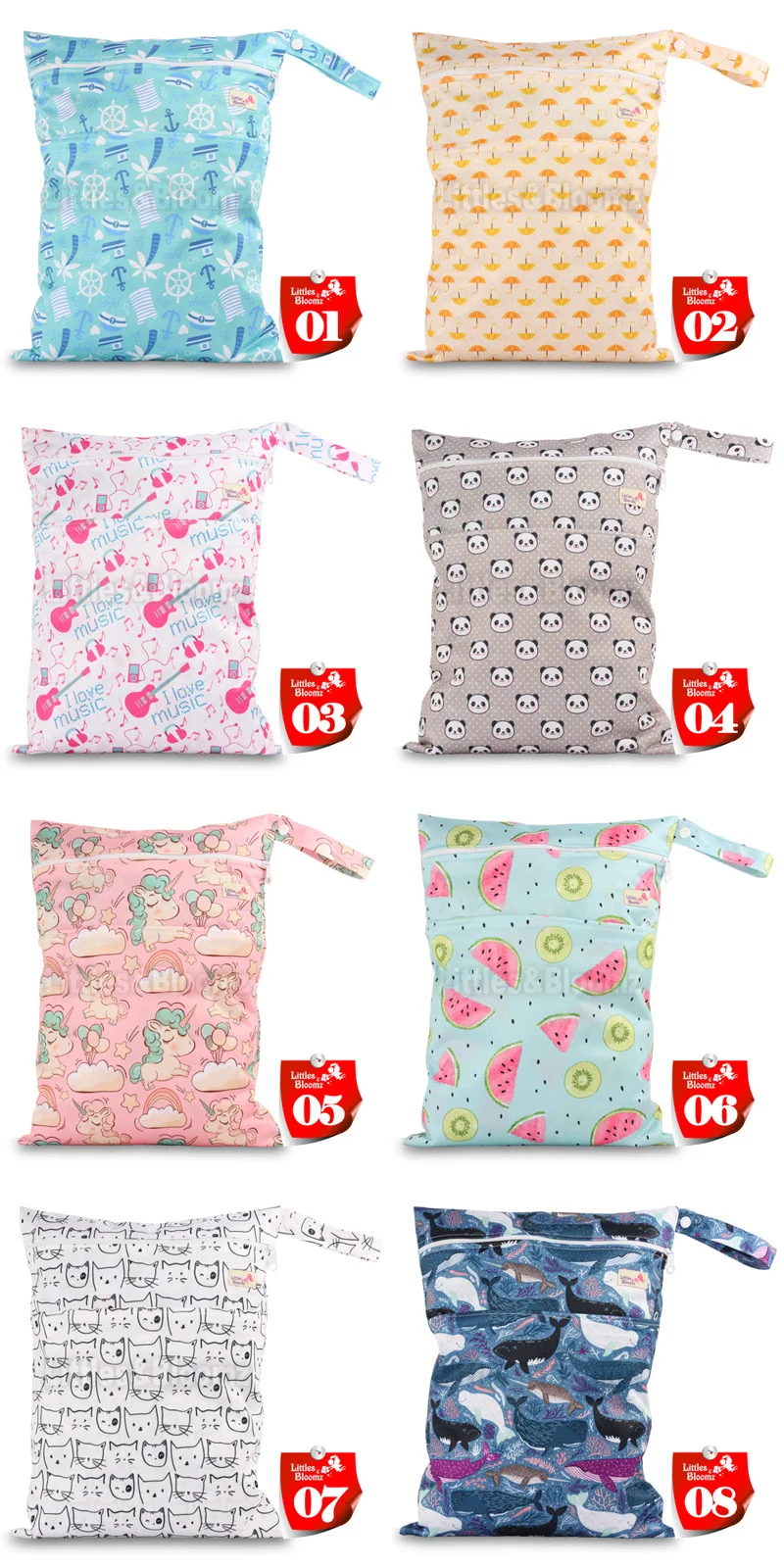 [Littles&Bloomz] Washable Reusable Nappy Two Pockets Wet Bag Fashion Design Waterproof Swim Sport Double Pockets in One Wet Bag