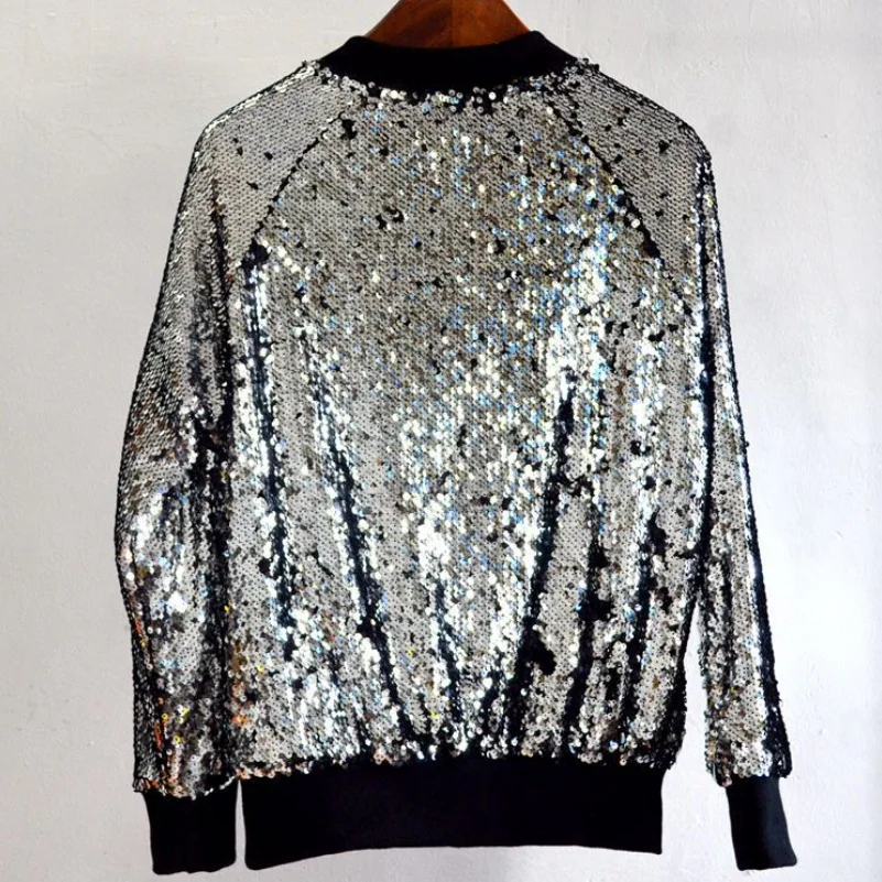 

Women Fashion Sequin Jackets Loose Baseball Jackets Solid Color Beading Coat Tops