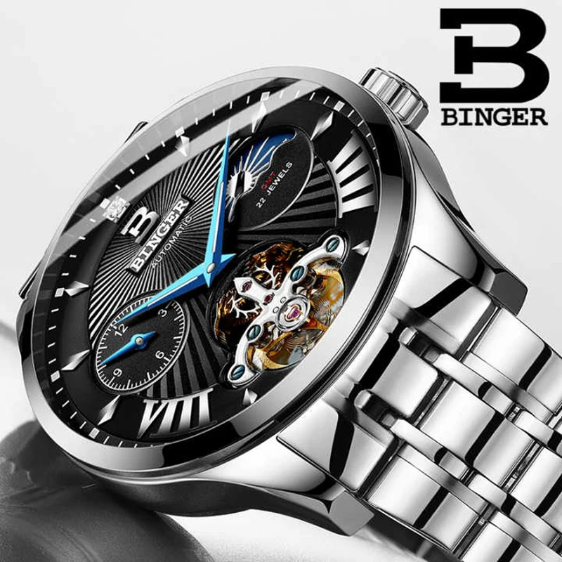 Мужские часы Binger Sapphire GMT автоматические механические водонепроницаемые мужские B