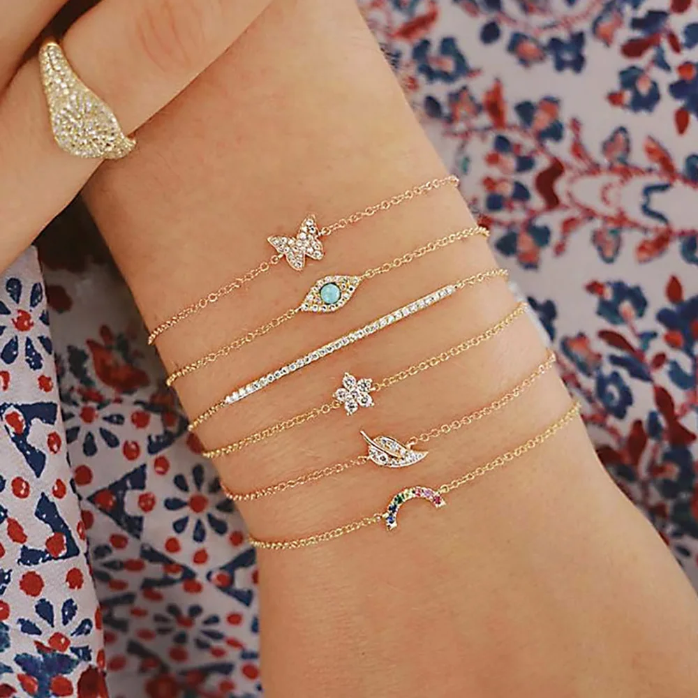 

6 Pcs/Set Punk Butterfly Eye Star Moon Leaves Crystal Gem Shiny Gold Multilayer Chain Bracelet Set Women Exquisite Party Jewelry