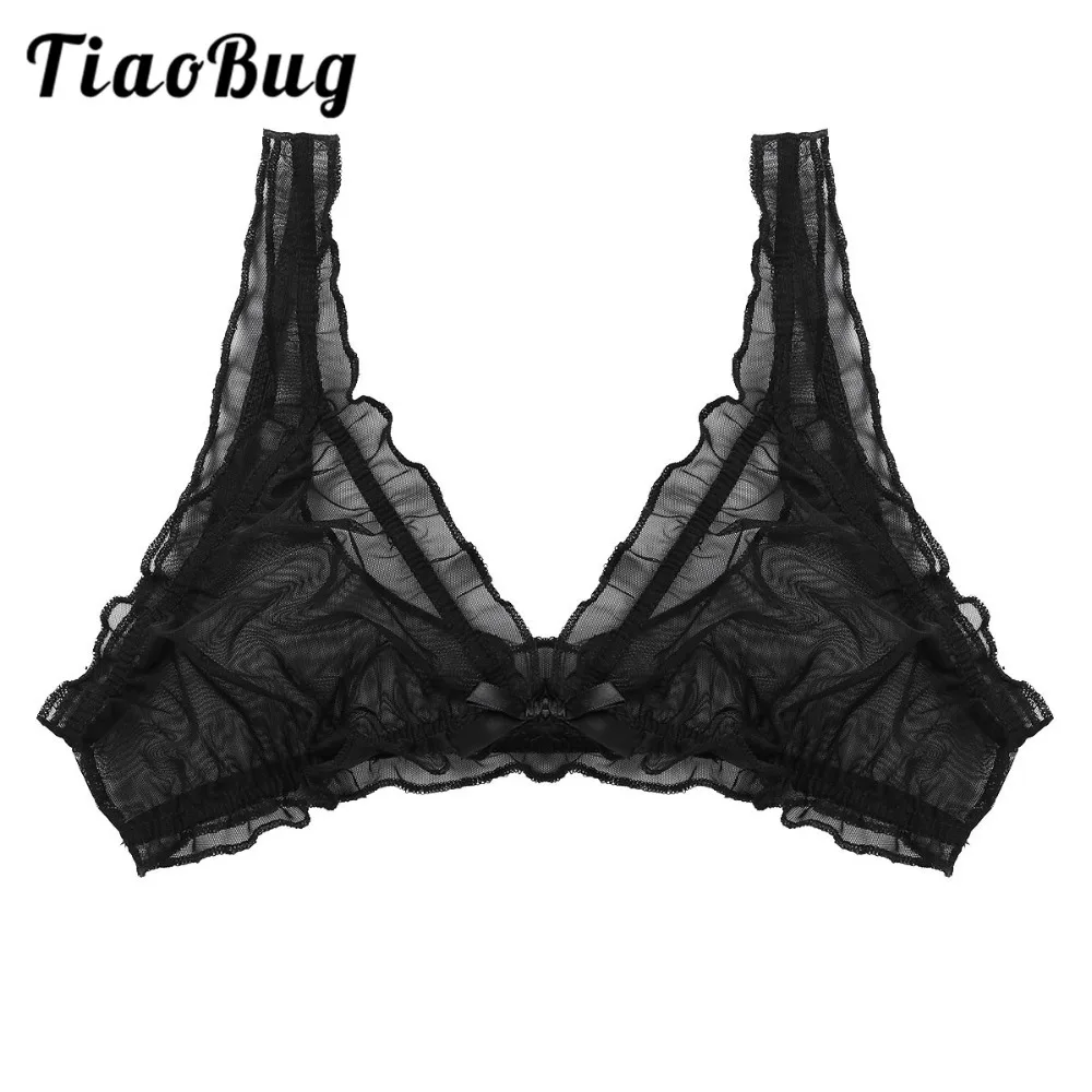 

TiaoBug Sexy Womens Lingerie Bra Top Soft Sheer Mesh Lace Frilly Triangle Bralette Bra Wire-free Unlined Plunge V-neckline Bra