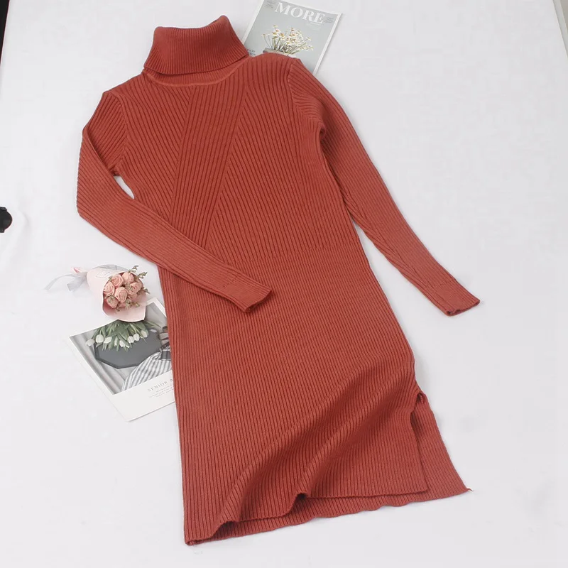 Brick red Y11789 GIGOGOU водолазка женский свитер платье до середины икры длинные осенние зимние толстые теплые женские платья тонкие мягкие вязанные платья - Цвет: Brick red Y11789