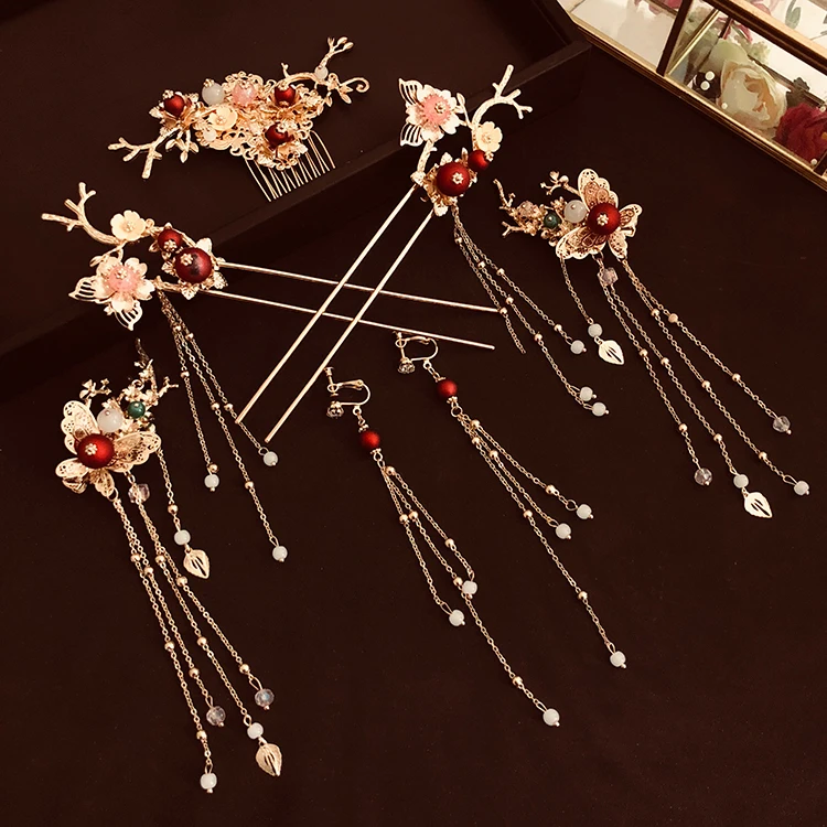 Свадебный головной убор невесты в китайском стиле винтажный аксессуар для волос