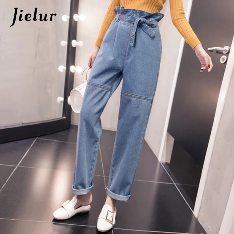

Jielur 2020 Autumn Kpop Oversized L-3XL Blue Jeans Woman Street Fashion Loose Jeans Sashes Elastic Waist Cool Trousers for Women