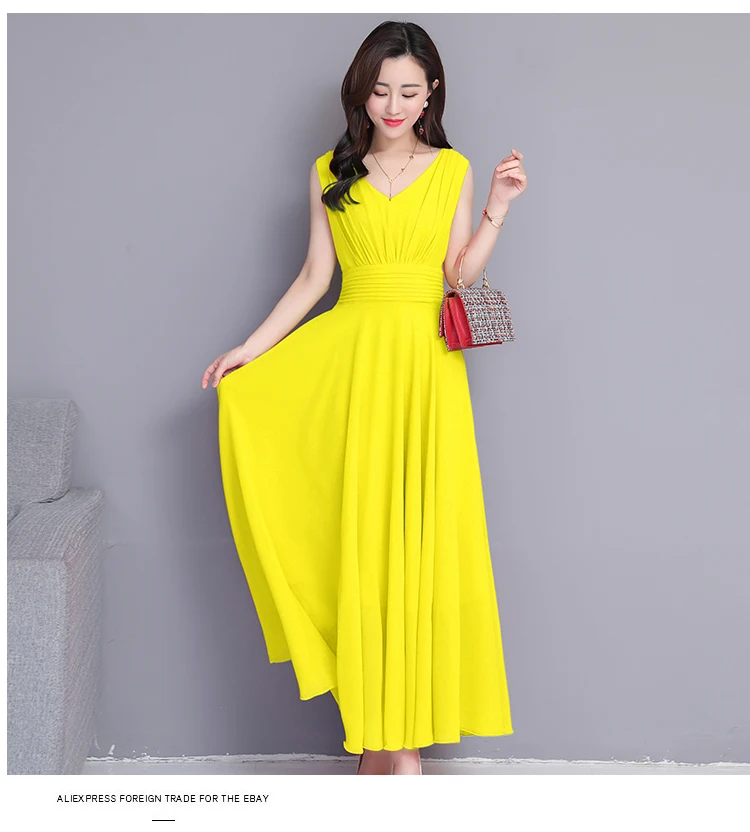 Новинка, 8 цветов, большой маятник, 3XL, богемное тонкое праздничное длинное пляжное платье с v-образным вырезом, однотонные вечерние платья без рукавов, сексуальное платье Vestidos - Цвет: Цвет: желтый