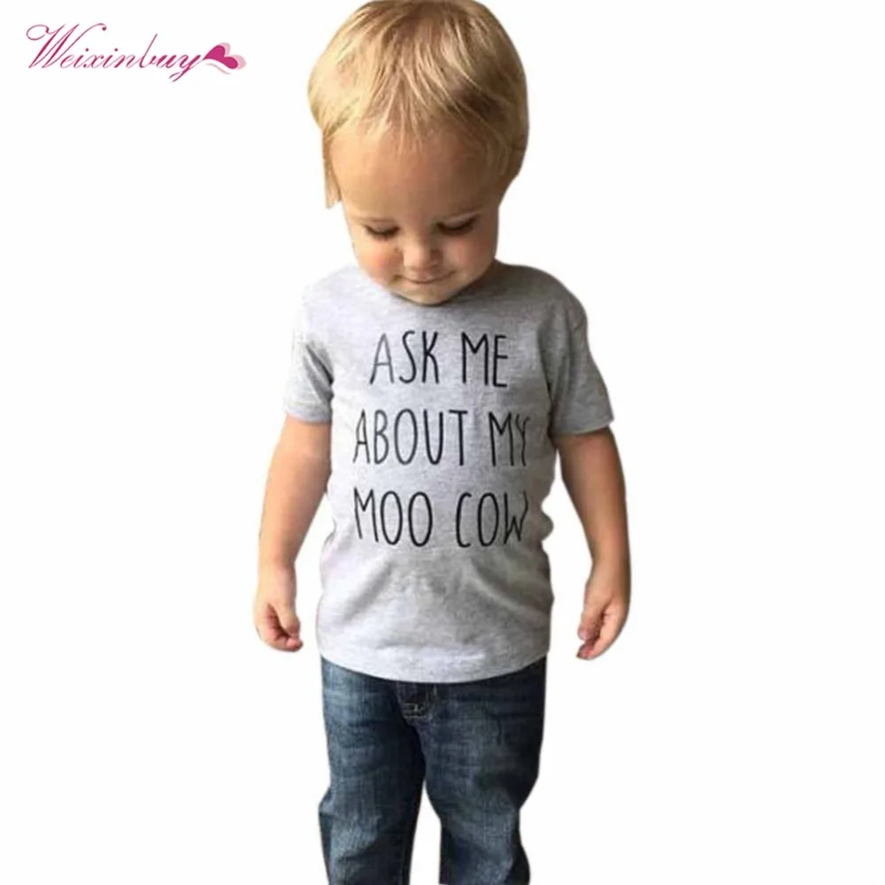 WEIXINBUY Boys T-shirt Novelty Ask me about My Moo Cow Letter Kid Boy Short Sleeves Toddler Tops T-Shirt Tees Inside Clothes |