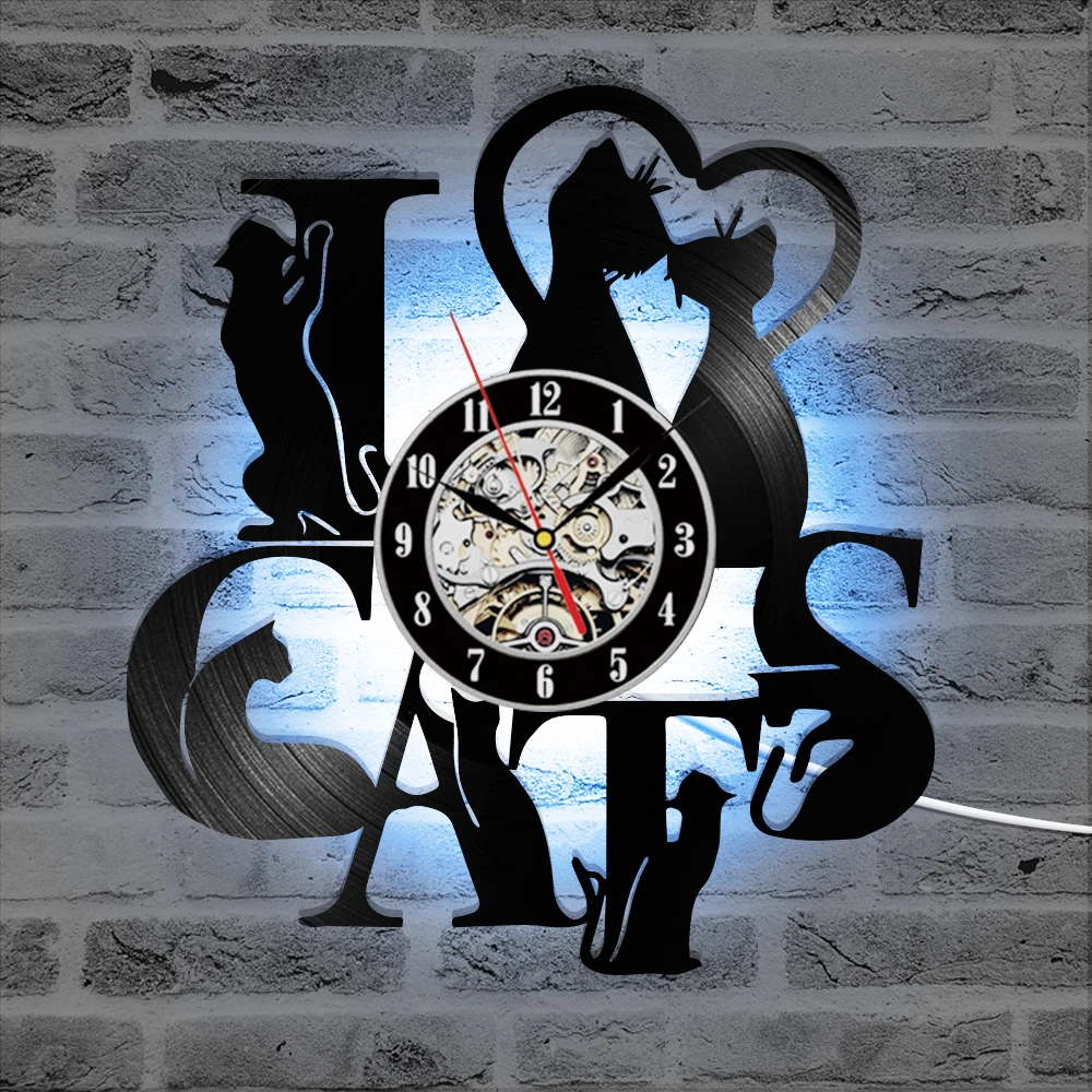

Cats Theme CD Record Wall Clock Vintage LED Vinyl Clock Kitten Art Silent Unique Decorative Clock 3D Hanging Horloge murale