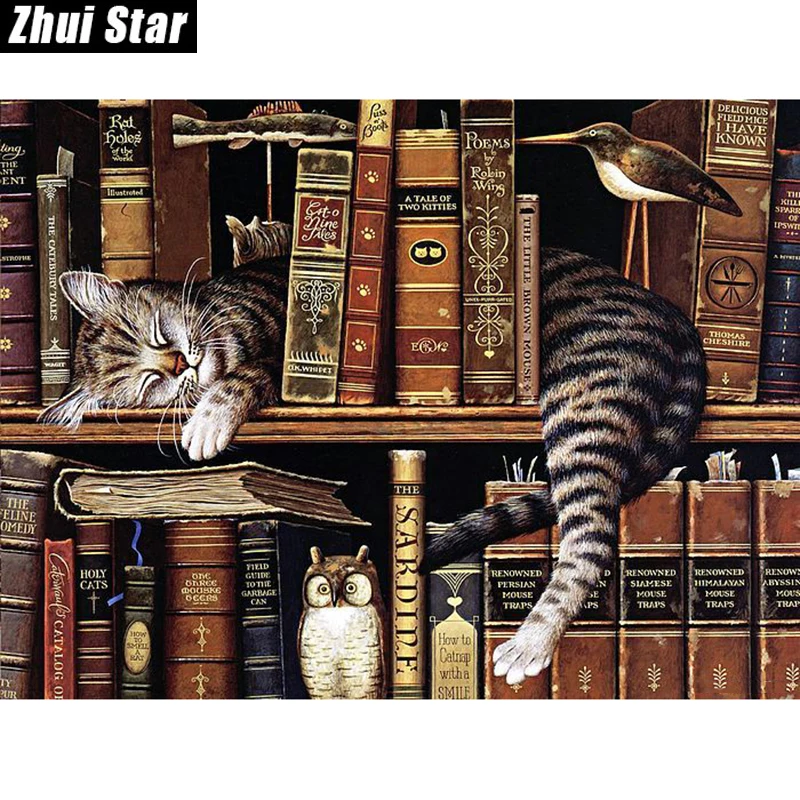 

Zhui Star Full Square Drill 5D DIY Diamond Painting "bookcase Cat" handmade 3D Embroidery arts Cross Stitch Mosaic Decor gift