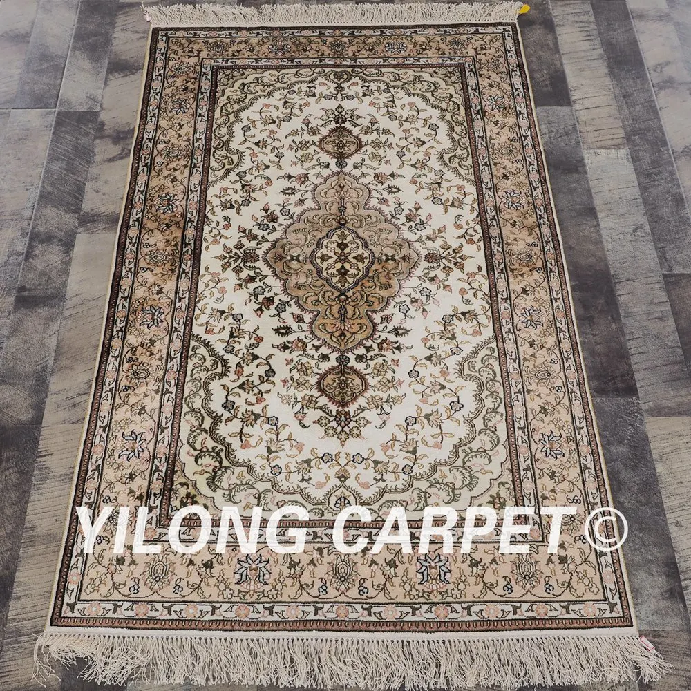 Шелковый коврик YILONG 3 'x 5' Тебриз ручной работы шелковые бежевые изысканные