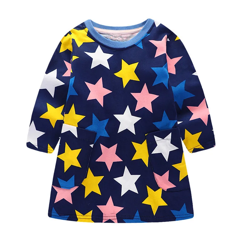 Novelty long sleeve baby girls dress printed colourful Five-pointed stars autumn clothes top quality clothing | Детская одежда и