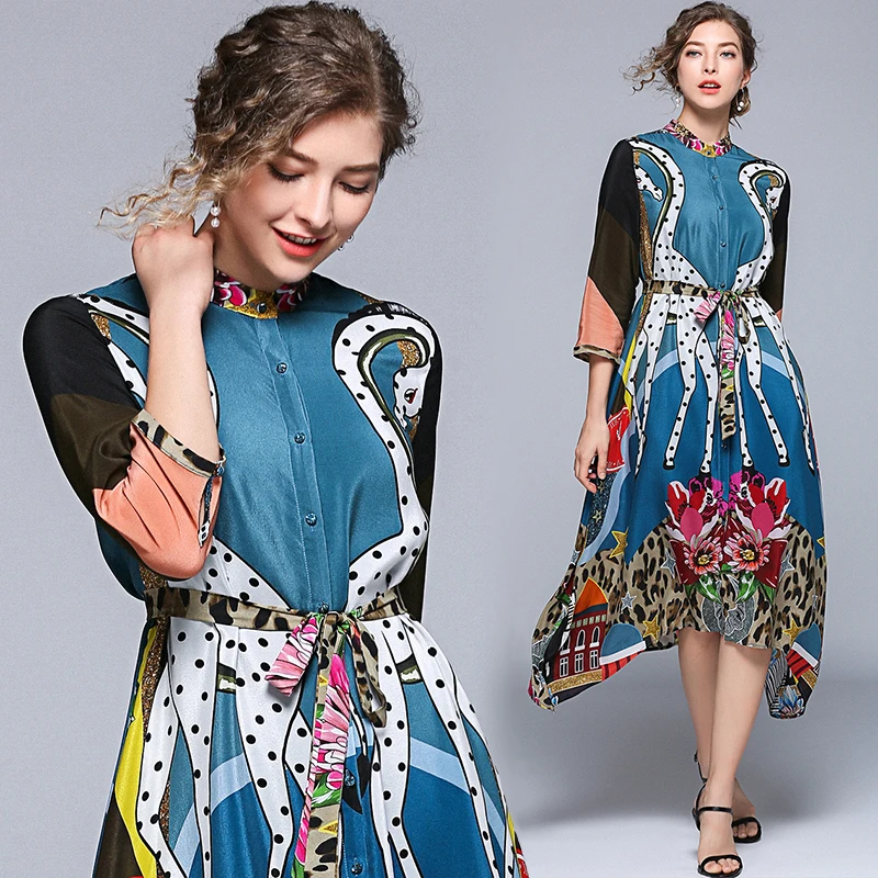 Trytree лето осень высокая улица печати Жираф Стенд воротник рубашка платье для