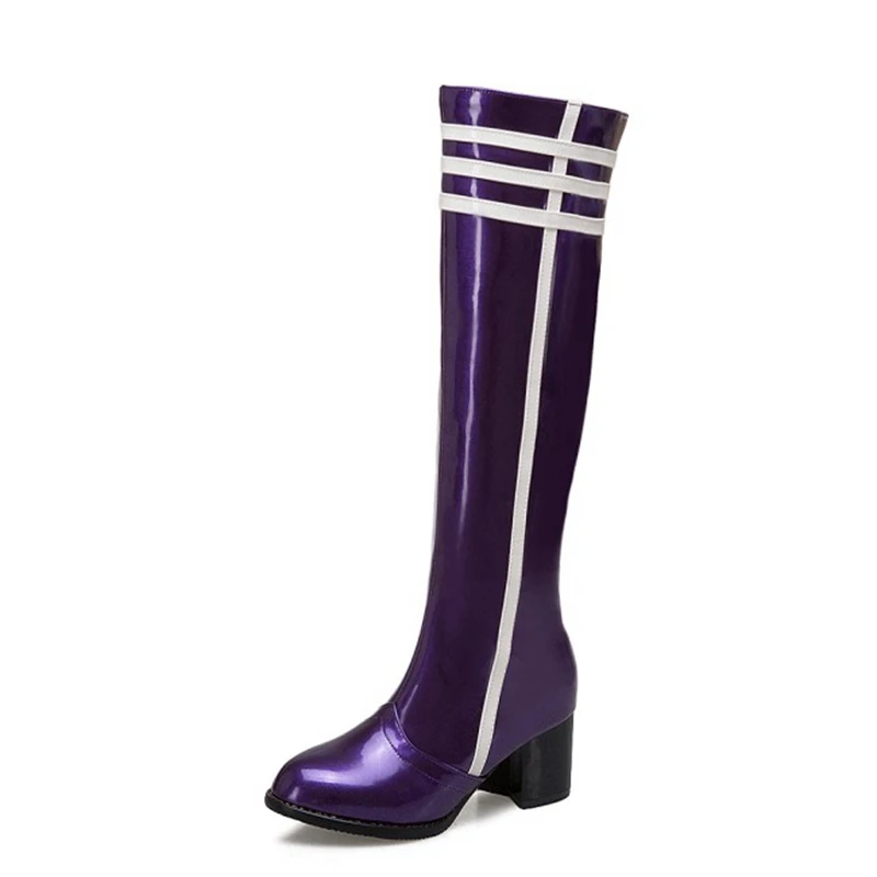 Purple inside Fur Orcha lisa/Новинка; зимние сапоги до середины икры из лакированной кожи на толстом каблуке; женская обувь на молнии; Цвет черный, желтый; Botas Feminino mujer - Цвет: Purple inside Fur