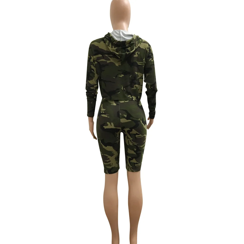 

ARMY FATIGUE BERMUDA SHORTS AND CROP TOP Two Pieces Set Casual Womens Long Sleeve Camouflage Hoodie Sets Outfits