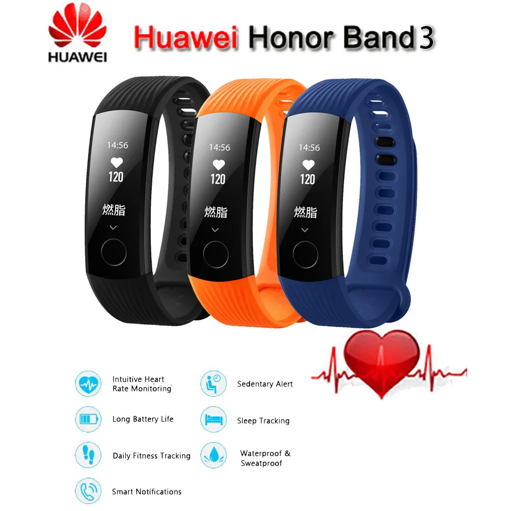 Huawei Honor Band 3, умный Браслет,, для плавания, 5 АТМ, 0,91 дюймов, OLED экран, тачпад, монитор сердечного ритма, Push Message